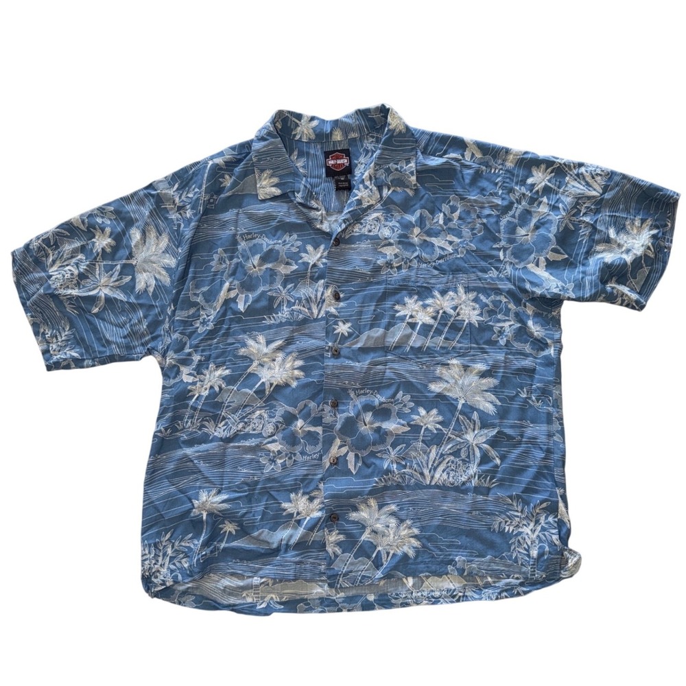 Harley Davidson Mens XL Blue Hawaiian Tropical Viscose Button Down Shirt Hawaii